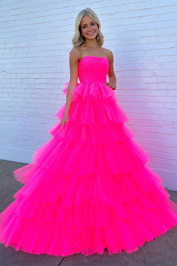 Prinzessin trägerloses, gestuftes Tüll-Langballkleid in Pink PSK603