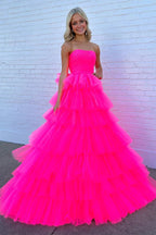 Prinzessin trägerloses, gestuftes Tüll-Langballkleid in Pink PSK603