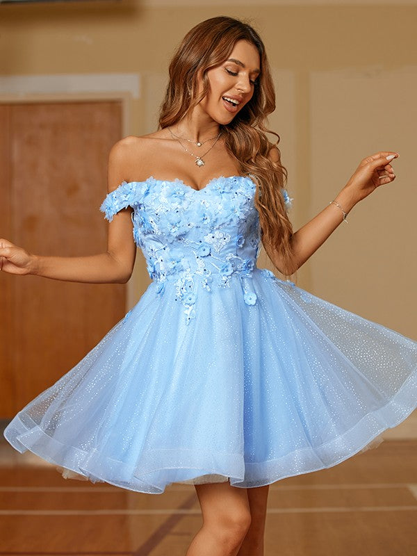 Vestidos cortos/mini con hombros descubiertos y apliques de tul SYH59 