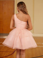 Tüll Rüschen One-Shoulder Kurz/Mini Kleider SYH57 