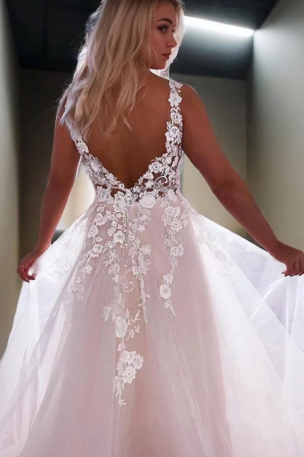 Princess V-Neck Sweep Train Wedding Dresses With Lace Appliques WD710