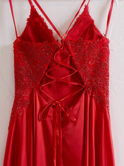 Vestido de fiesta Sunnderly de corte A con tirantes finos, espalda corsé y abertura