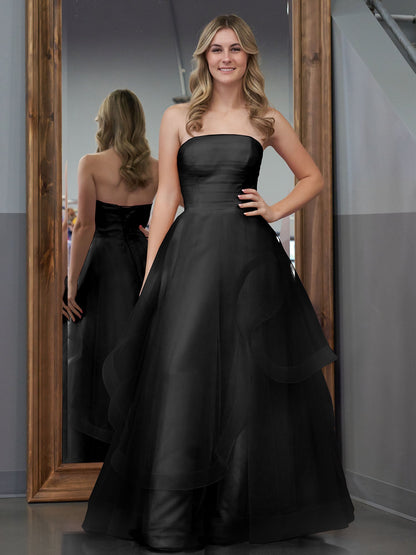 Elisa | Vestido de fiesta de organza rosa claro, corte A, sin tirantes