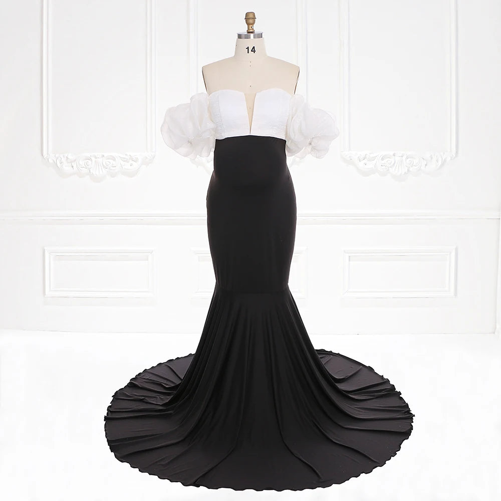 Umstandskleid im Meerjungfrauen-Stil mit Puffärmeln, dehnbarem Stoff für Fotoshootings, Umstandskleid 2025, Babyparty-Kleid, Sunnderly SY231110 