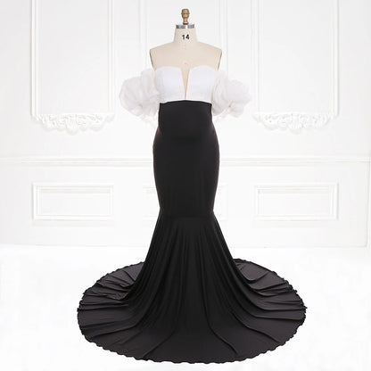 Puffy Sleeves Stretchy Fabric Mermaid Maternity Dress for Photo Shoot Maternity Gown 2025 Baby Shower Dress Sunnderly SY231110
