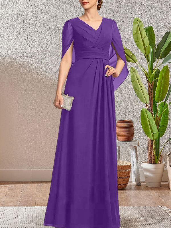 Vestido largo azul marino oscuro con escote en V y corte A para madre de la novia
