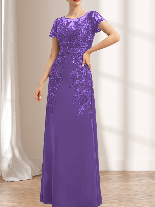 Vestido de madre de la novia de gasa con encaje, escote redondo, ilusión, largo hasta el suelo, con lentejuelas