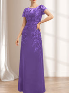 Vestido de madre de la novia de gasa con encaje, escote redondo, ilusión, largo hasta el suelo, con lentejuelas