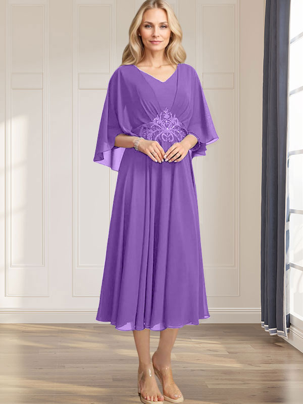 A-Linie V-Ausschnitt Wadenlanges Chiffonkleid für die Brautmutter mit plissierten Paillettenapplikationen Spitzenbesatz 