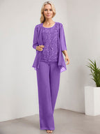 Vestido de madre de la novia de gasa con encaje, largo hasta el suelo, con lentejuelas y mono/pantalón separado