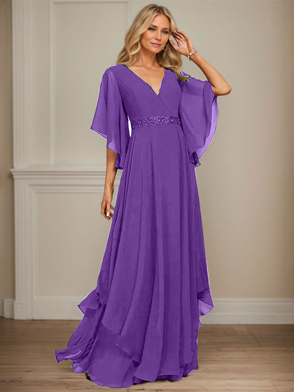 Vestido de gasa para madre de la novia, corte A, escote en V, largo hasta el suelo, con apliques de lentejuelas, encaje y abalorios