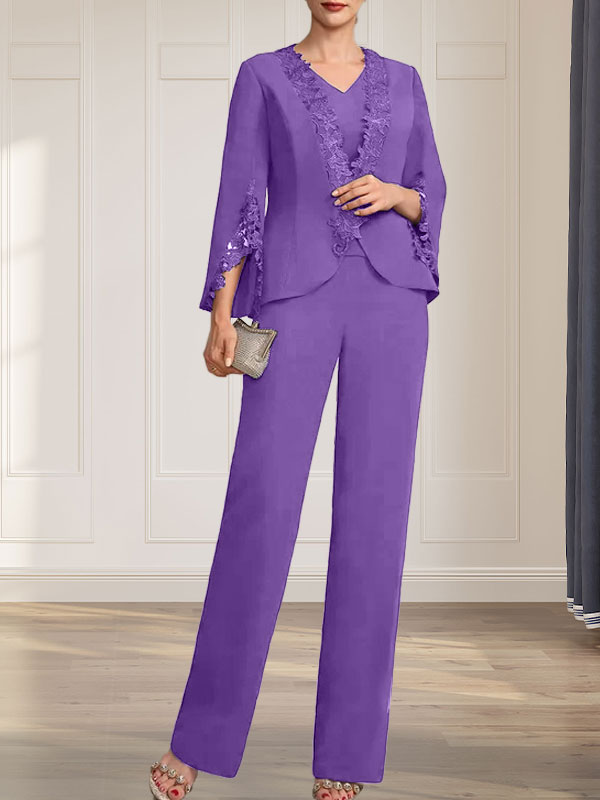Vestido de gasa para madre de la novia, con escote en V y largo hasta el suelo, de mono/pantalón separado
