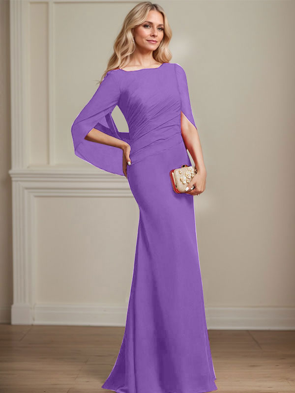 Vestido de madre de la novia de gasa con escote barco, corte trompeta/sirena, largo hasta el suelo, con pliegues