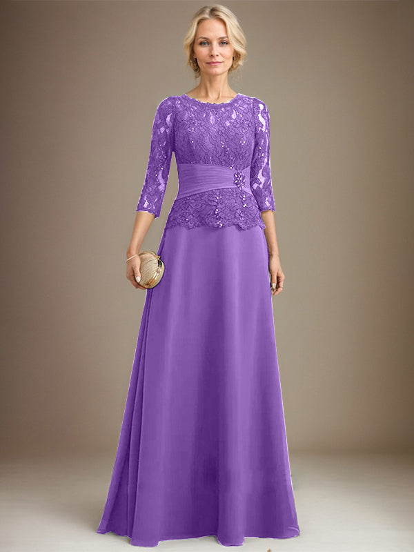 Vestido de gasa con encaje, corte A, ilusión, largo hasta el suelo, para madre de la novia, con lentejuelas plisadas y abalorios