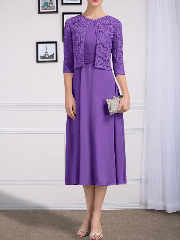 Vestido de gasa para madre de la novia con corte en A, escote redondo y largo hasta la rodilla con pliegues