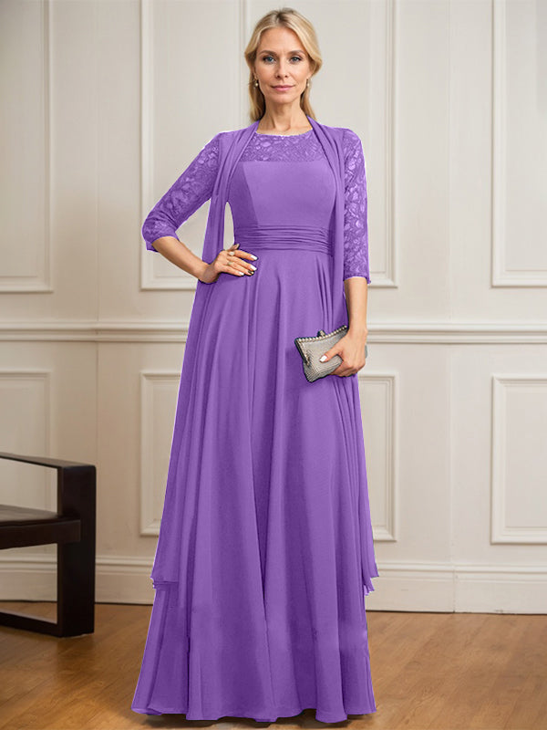 Vestido de gasa de encaje con ilusión de corte A hasta el suelo para madre de la novia con pliegues