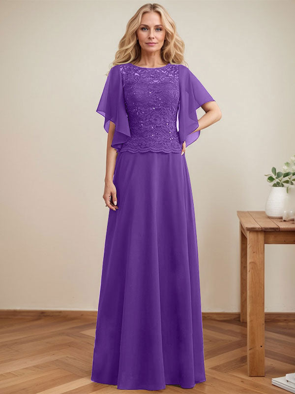 Vestido de gasa con encaje y lentejuelas para madre de la novia, corte A, escote ilusión, largo hasta el suelo