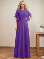 Vestido de gasa con encaje y lentejuelas para madre de la novia, corte A, escote ilusión, largo hasta el suelo