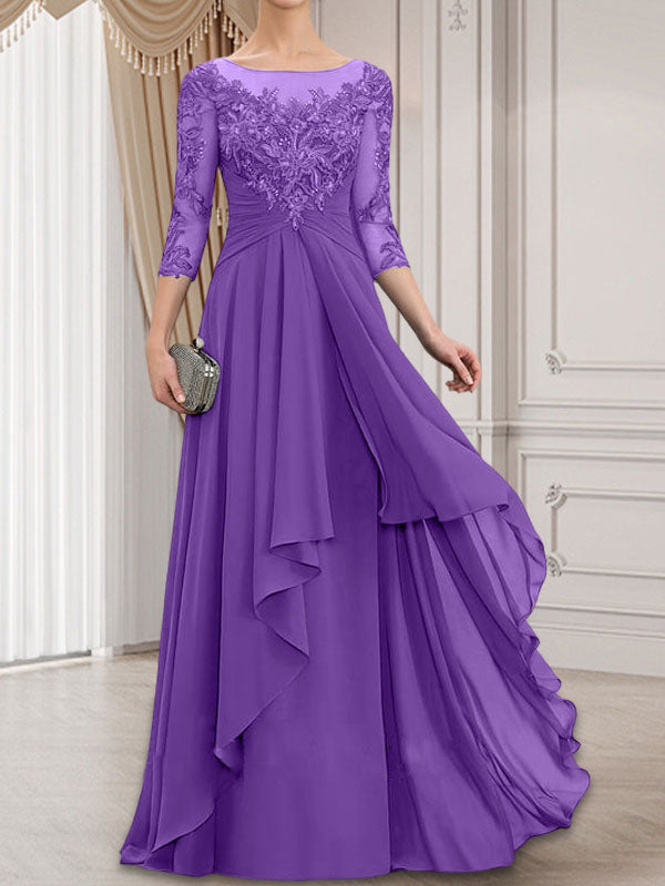 Vestido de gasa con encaje, corte A, escote ilusión, largo hasta el suelo, para madre de la novia con volantes en cascada