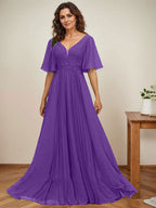 Vestido de gasa para madre de la novia, corte A, escote en V, largo hasta el suelo, con apliques de lentejuelas y encaje plisado