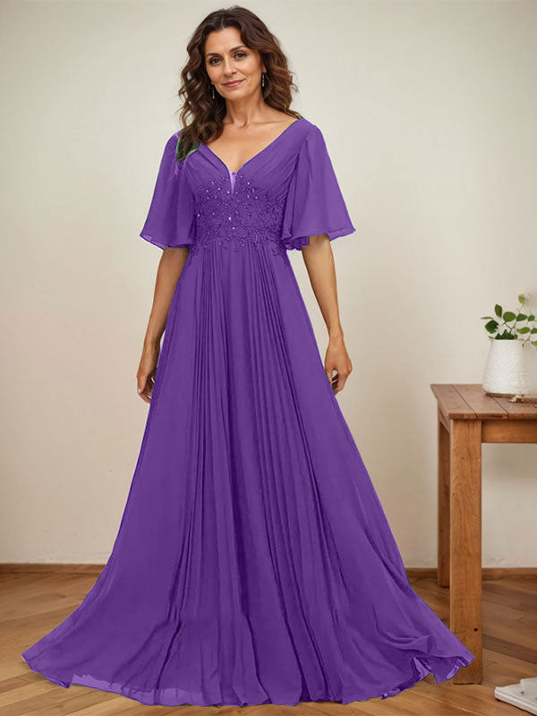 Vestido de gasa para madre de la novia, corte A, escote en V, largo hasta el suelo, con apliques de lentejuelas y encaje plisado