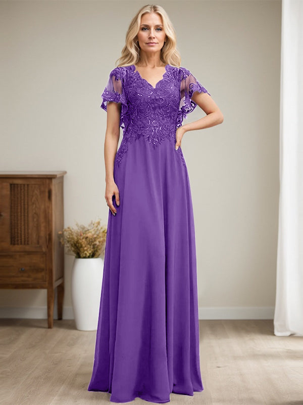 Vestido de madre de la novia de gasa con encaje, escote en V y lentejuelas, largo hasta el suelo