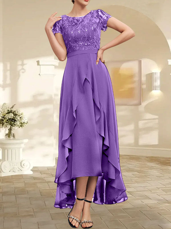 Vestido de madre de la novia de gasa asimétrica con escote en A, ilusión, encaje, lazo, volante y lentejuelas