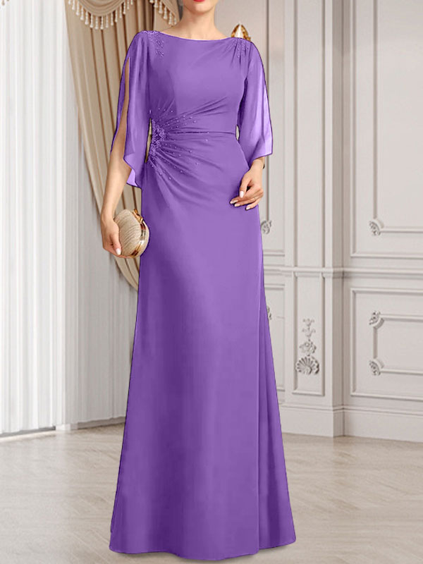 Vestido de gasa para madre de la novia con corte tubo/columna, escote redondo y largo hasta el suelo, con cuentas plisadas