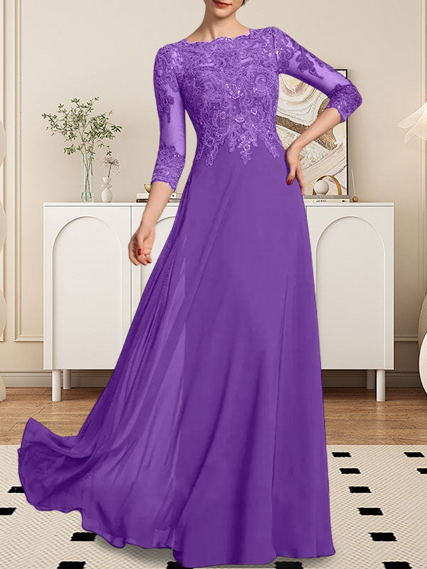 Vestido de gasa con encaje y lentejuelas para madre de la novia, corte A, largo hasta el suelo
