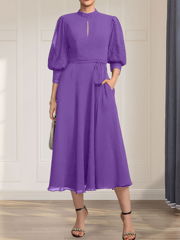 A-Linien-Kleid mit hohem Halsausschnitt und bodenlangem Spitzenchiffonkleid mit Schleife