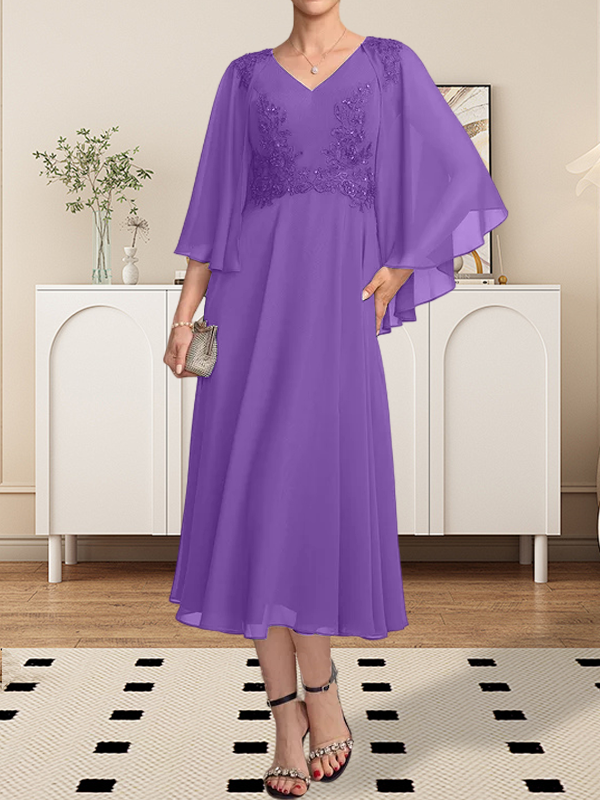 A-Linie V-Ausschnitt Wadenlanges Chiffon-Spitzenkleid für die Brautmutter mit Perlen und Pailletten
