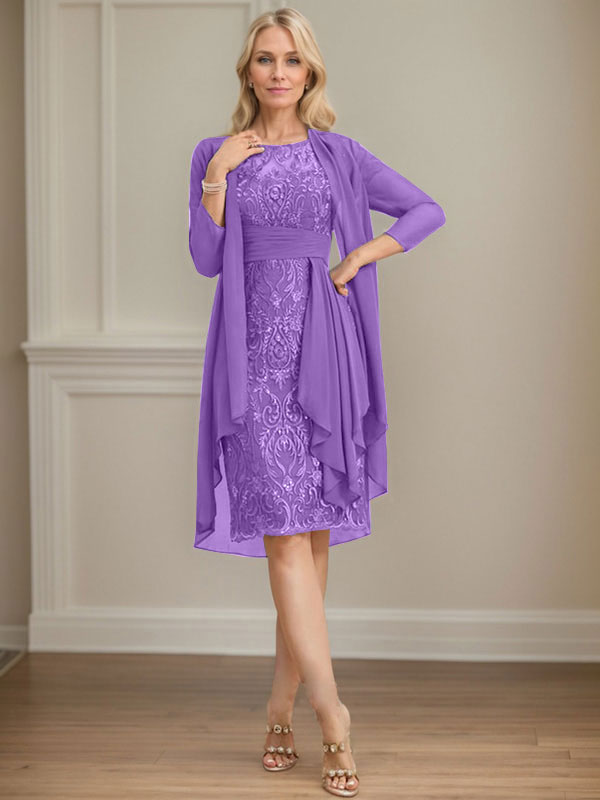 Vestido de madre de la novia de gasa con encaje, escote redondo, ilusión, largo hasta la rodilla, con volantes en cascada y lentejuelas