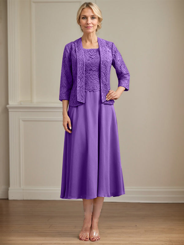 Vestido de gasa con encaje y escote redondo hasta la rodilla para madre de la novia