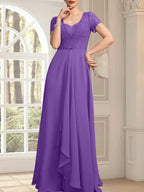 Vestido de madre de la novia de gasa con encaje, corte en A, escote corazón, largo hasta el suelo, con volantes en cascada y cuentas
