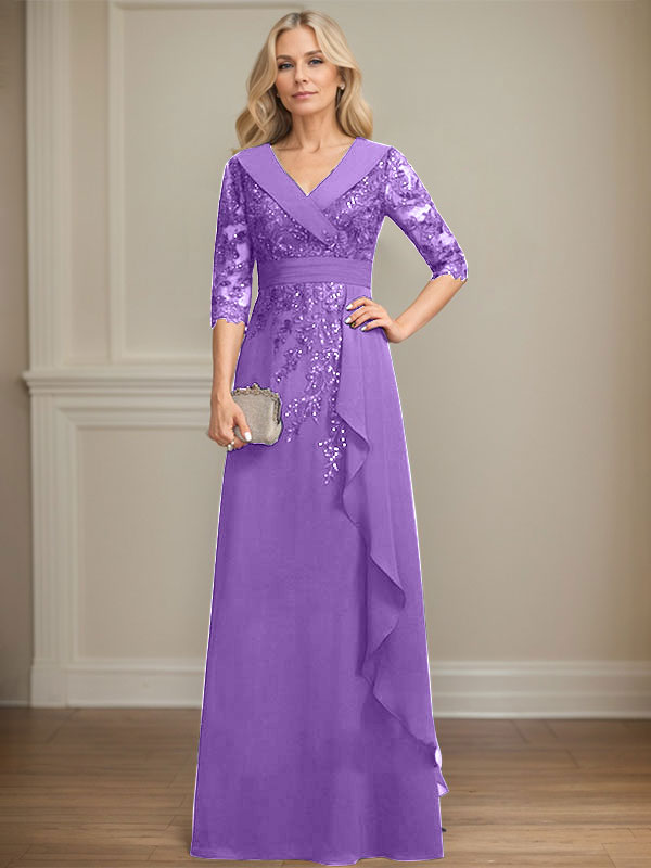 A-Linien-Kleid mit Kragen, V-Ausschnitt, bodenlanges Chiffon-Spitzenkleid für die Brautmutter mit Pailletten und kaskadierenden Rüschen 