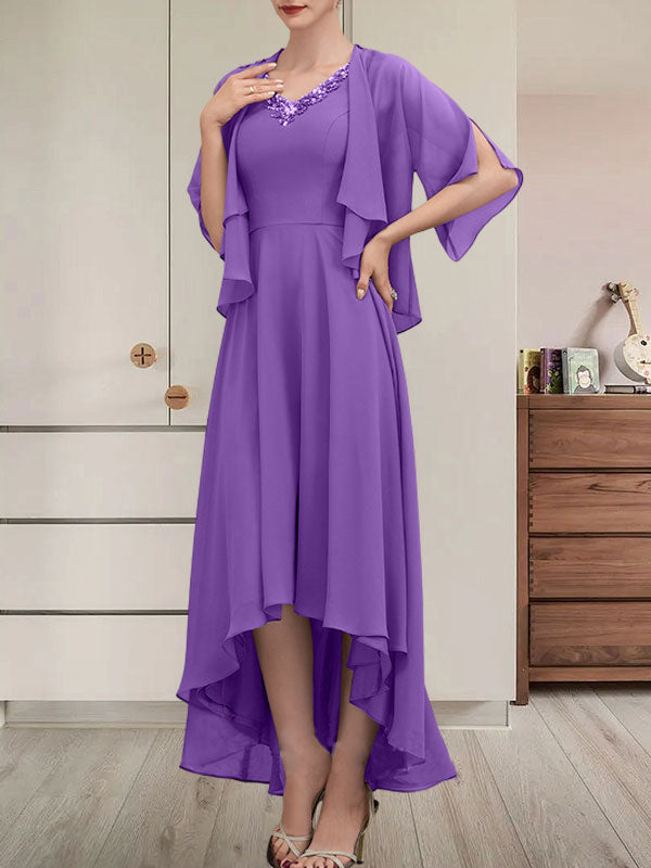 A-Linien-Kleid mit V-Ausschnitt, asymmetrischem Chiffon für die Brautmutter mit Perlen und Pailletten