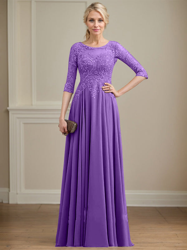 Vestido de gasa con encaje y lentejuelas para madre de la novia, corte A, escote ilusión, largo hasta el suelo