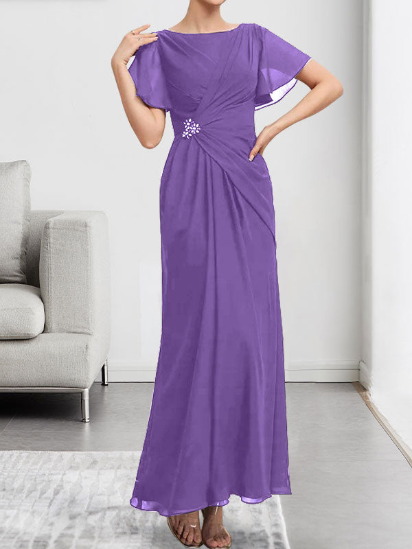 A-Linie U-Ausschnitt Knöchellang Chiffon Kleid für die Brautmutter mit Perlenbesatz Plissee