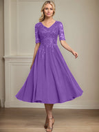 Vestido de gasa con encaje y lentejuelas para madre de la novia, corte A, escote en V y largo hasta la rodilla