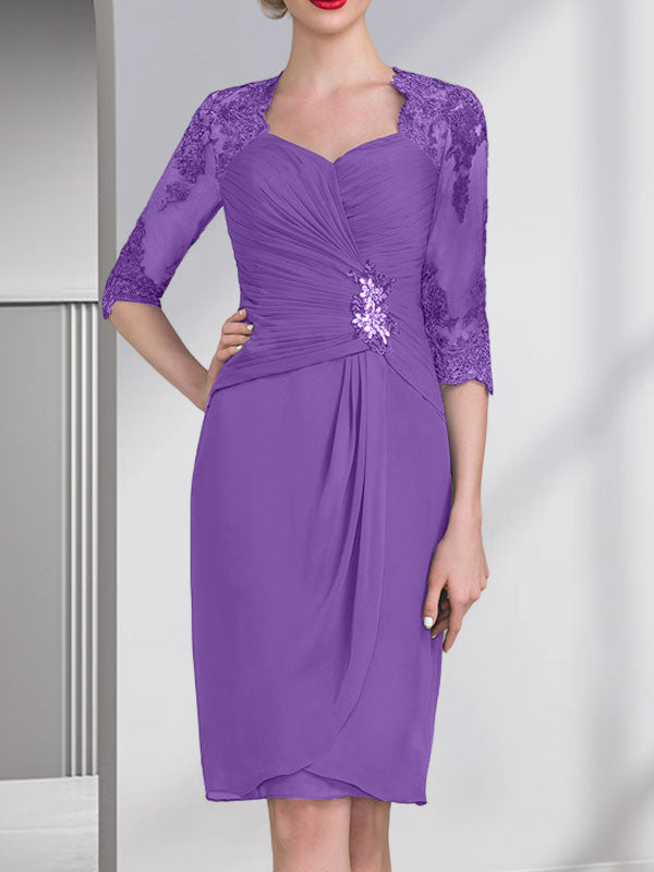 Vestido de gasa para madre de la novia con escote corazón, largo hasta la rodilla, con apliques de cuentas, encaje y lentejuelas plisado.