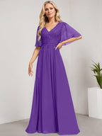 Vestido de madre de la novia de gasa con encaje, escote en V y lentejuelas, largo hasta el suelo
