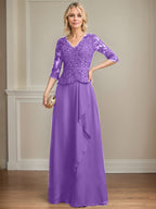 A-Linie V-Ausschnitt Bodenlanges Spitzen-Chiffon-Kleid für die Brautmutter mit kaskadierenden Rüschen und Pailletten 