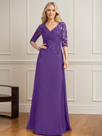A-Linien-Kleid mit V-Ausschnitt, bodenlangem Spitzenchiffon und plissierten Pailletten 