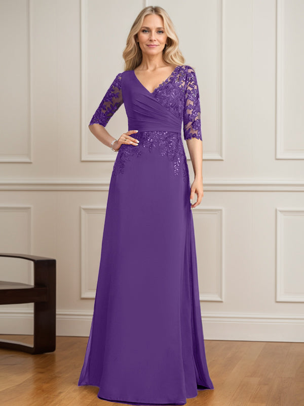 Vestido de madre de la novia de gasa con encaje, escote en V y lentejuelas plisadas hasta el suelo