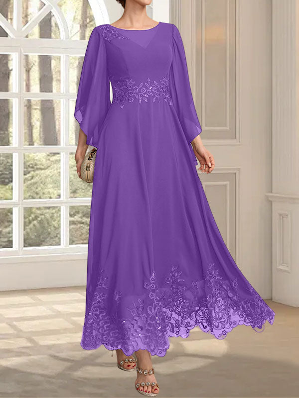 Vestido de gasa con encaje y lentejuelas para madre de la novia, corte A, escote ilusión, largo hasta los tobillos