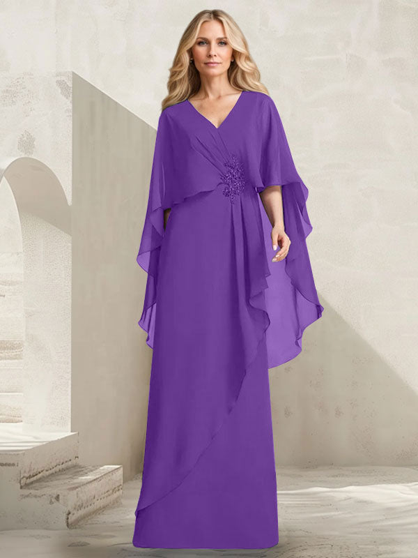 Vestido de gasa para madre de la novia con escote en V, corte A y largo hasta el suelo, con volantes en cascada y cuentas
