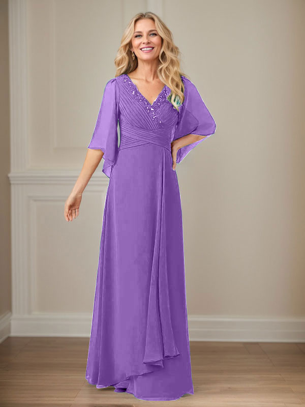 Vestido largo de gasa con lentejuelas y escote en V en forma de A para madre