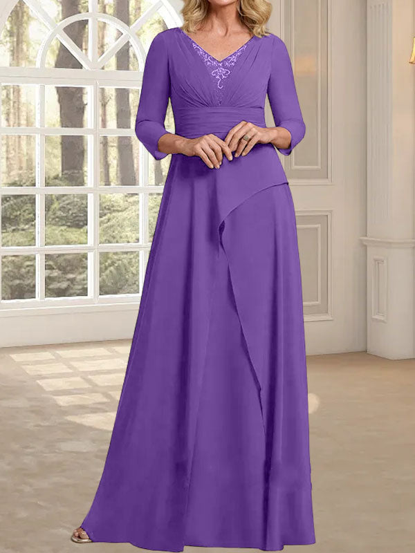 Vestido de gasa para madre de la novia con escote en V, largo hasta el suelo, con pliegues y cuentas