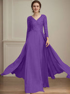 A-Linie V-Ausschnitt Bodenlanges Spitzen-Chiffon-Kleid für die Brautmutter mit Pailletten 