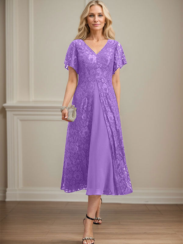 Vestido de gasa con encaje y escote en V para madre de la novia, largo hasta la rodilla